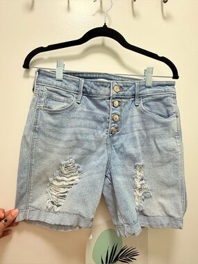 Light Blue Distressed High-Rise Denim Shorts